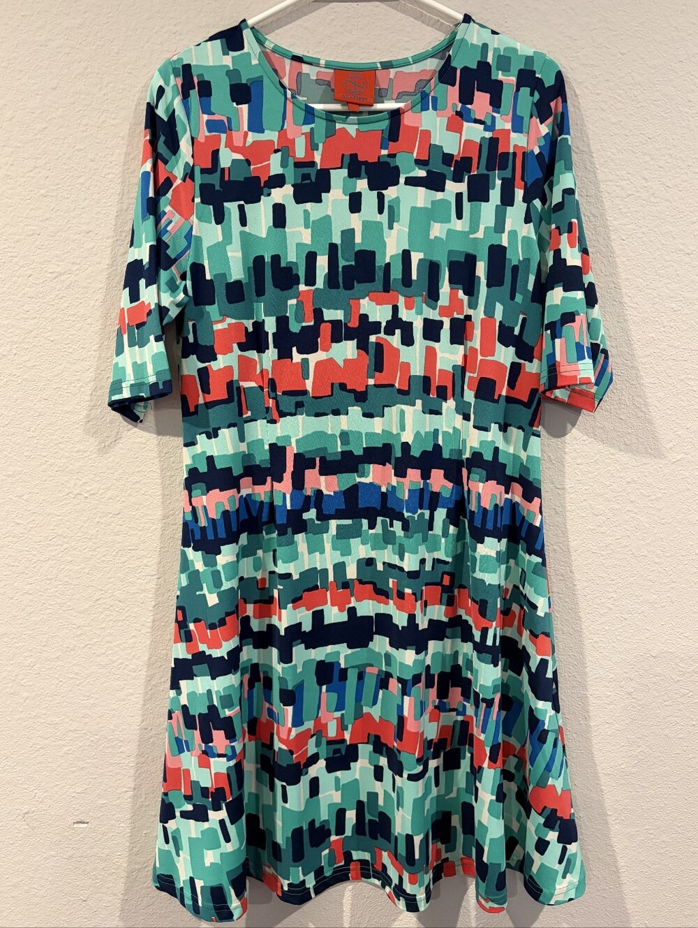 Tracy Negoshian Womens Classic Casual Multi Color Pattern Short Sleeve Dress L